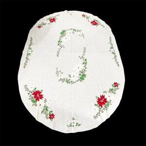 Vintage Tablecloth Holiday Christmas Poinsettia Oblong Oval White Red 80” Cotton